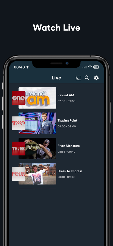 Virgin Media Play - Smartphone mostrando la sección de TV en Vivo de la aplicación Virgin Media Play con varias listas de programas.