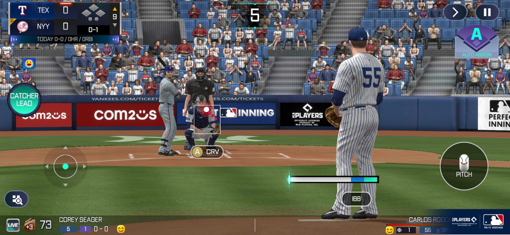 Gameplay screenshot of MLB Perfect Inning 25 showing a pitcher and batter during a match between the Yankees and the Rangers