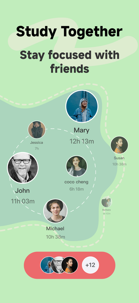 Pomo Up - Pomodoro Timer - Pomo Upアプリの「一緒に勉強」というタイトルの画面。友人たちのプロフィールと、合計集中セッション時間などが表示されています。