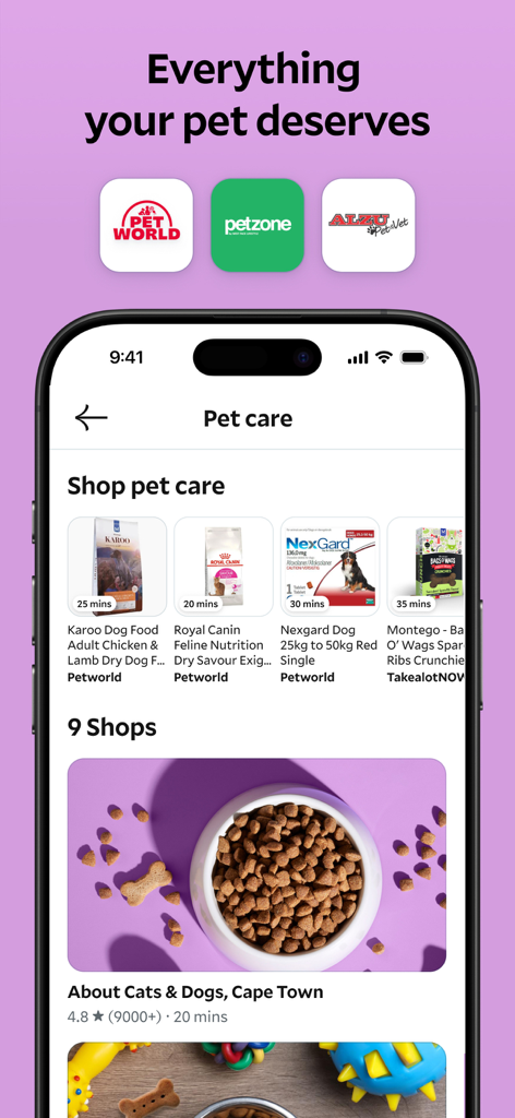 Mr D - Groceries & Takeaway - A mobile app interface for Mr D showing pet care products like dog food and medications available for fast delivery