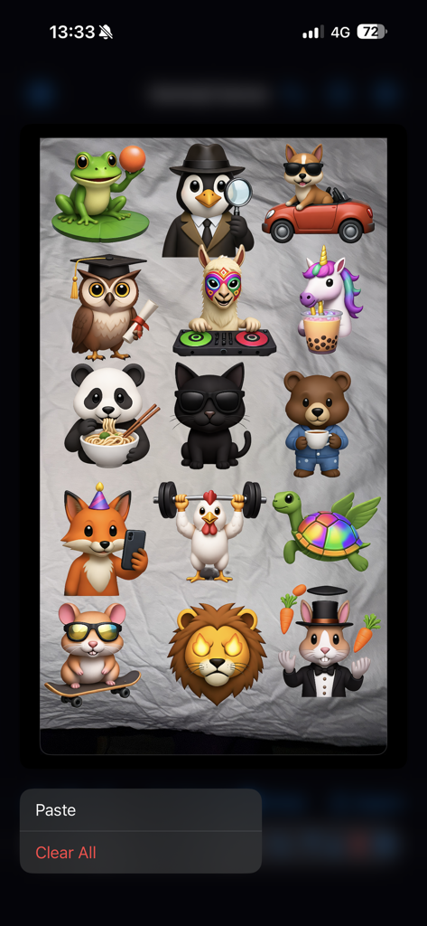 A collection of various custom Genmoji stickers arranged on a digital canvas