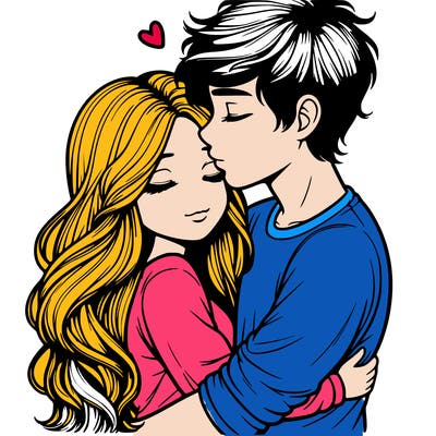 a realistic couple boy and girl hugging and kissing