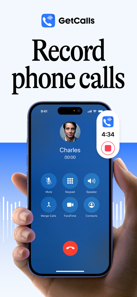 Call Recorder for iPhone Calls - Un iPhone affichant l'application GetCalls enregistrant un appel téléphonique avec un contact nommé Charles