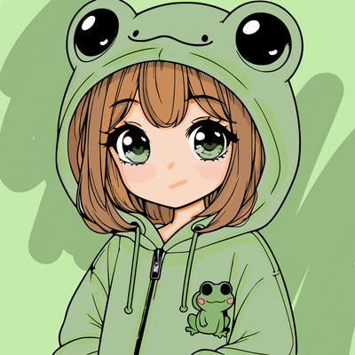 cute realistic girl in a froggy hoodie
