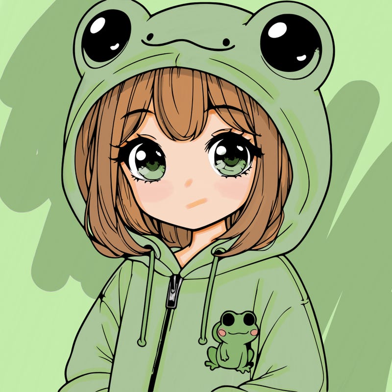 cute realistic girl in a froggy hoodie