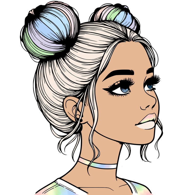 realistic girl with buns on the top of her head