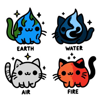 4 cats that represent the different elements, earth, water, air, and fire