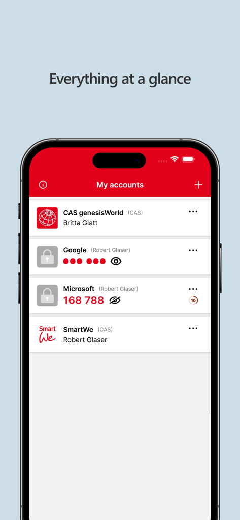 La aplicación SecureLogin muestra la pantalla Mis cuentas con varias entradas de autenticación activas