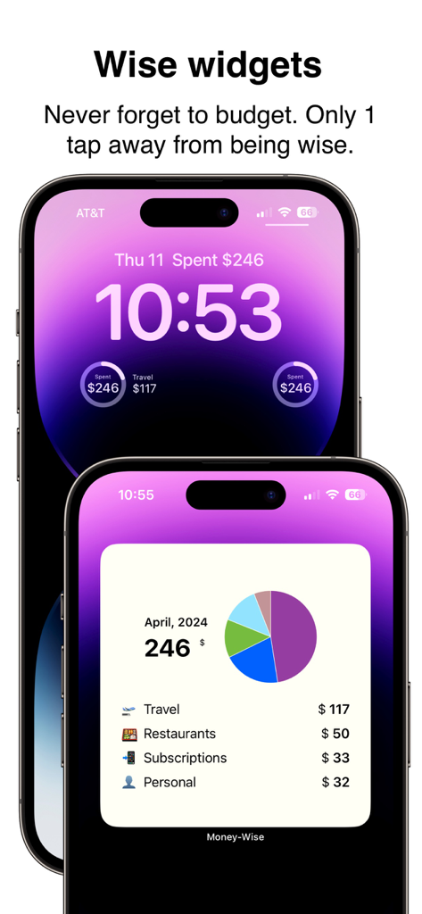 Money-Wise - App Money-Wise che mostra widget della schermata di blocco e della schermata iniziale di iOS per il monitoraggio rapido delle spese e la visualizzazione del budget