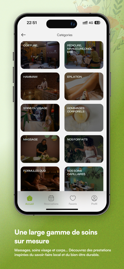 O-Bambu - O-Bambuモバイルアプリのインターフェース。マッサージ、ハマム、フェイシャルなどのウェルネスおよび美容サービスのカタログを表示