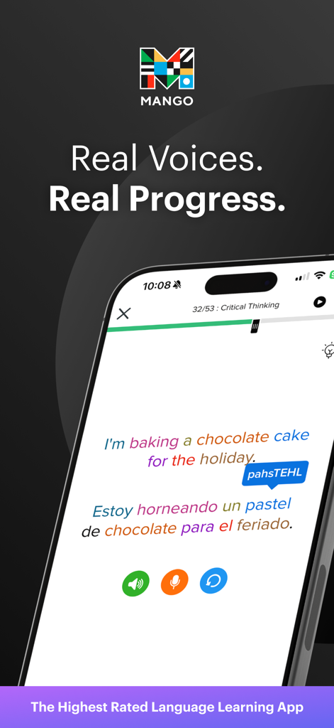Mango Languages: Learning - Mango Languages mobile app showing a Spanish translation lesson with phonetic pronunciation guides