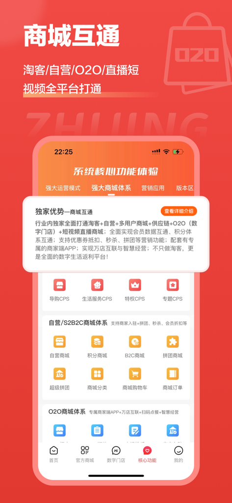 极省Pro-万店互联数字生活返利平台 - Screenshot of the Jisheng Pro mobile app showing the mall interconnection features and various shopping service categories in Chinese.