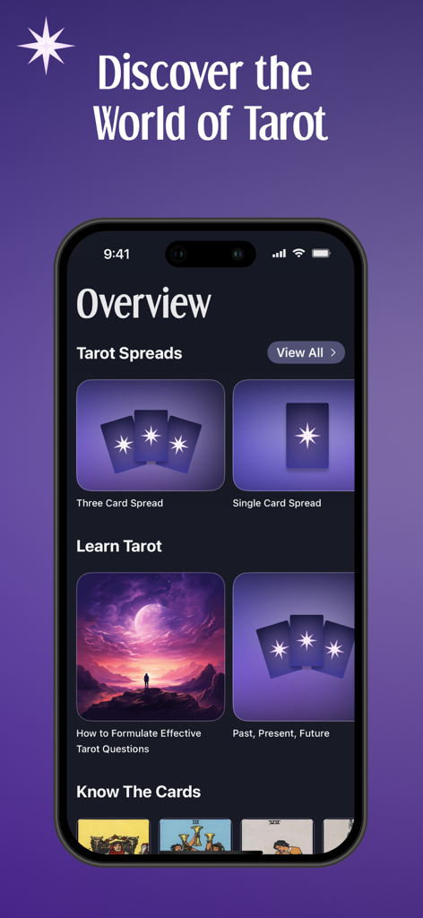 Learn Tarot: Rider Waite Cards - The overview screen of the Learn Tarot app featuring tarot spreads and learning modules on a dark themed interface.