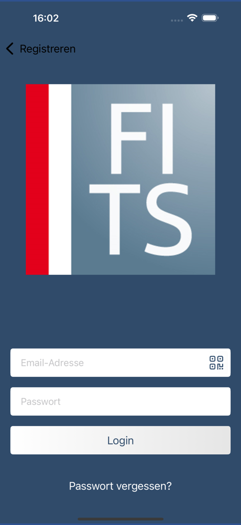 Login interface for the FI-TS Events app featuring email and password entry fields and the corporate logo.