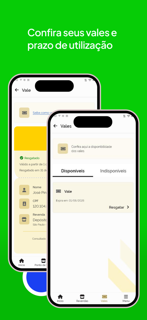Two mobile phone screens displaying the gas voucher availability and redemption status in the Meu Social app