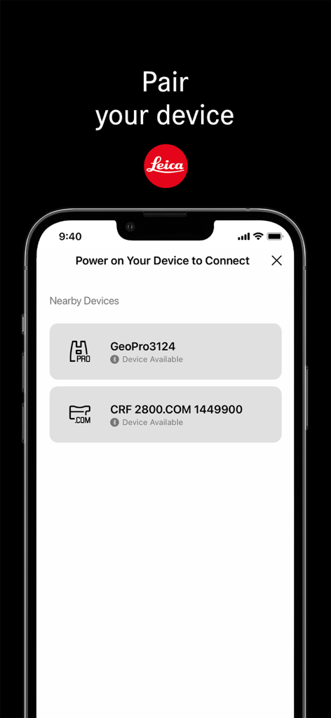 Leica Ballistics app interface showing nearby rangefinder devices available for Bluetooth pairing