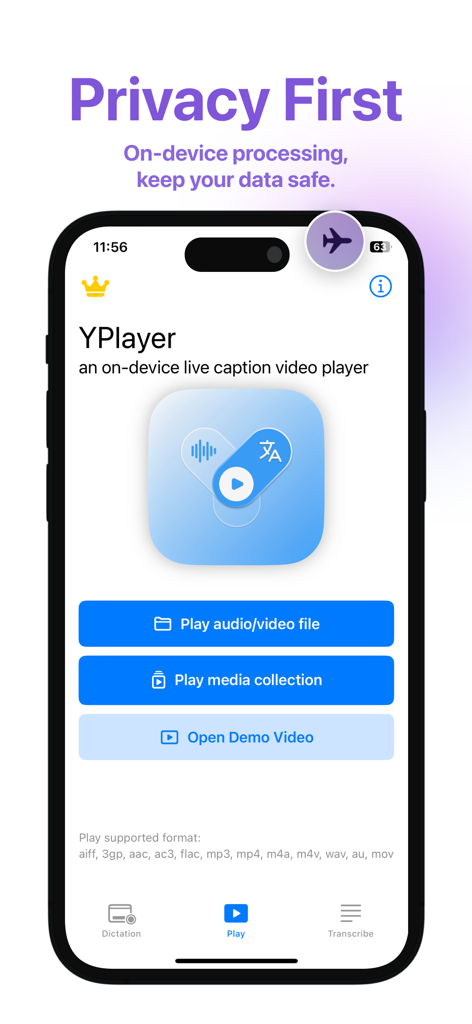 YPlayer app home screen showcasing privacy first on device media processing and live captions