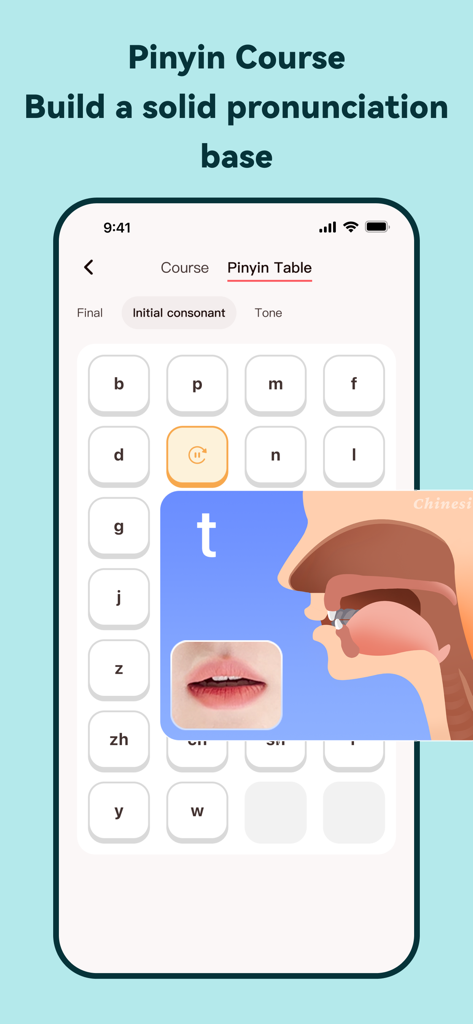 Chinesia - AI Learn Chinese - A mobile interface for a Chinese Pinyin pronunciation course showing mouth and tongue positions for initial consonants.