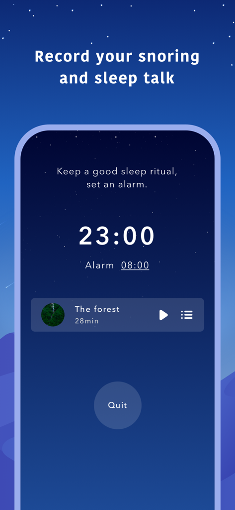 Oberfläche der Better Sleep App, die den Schnarch- und Schlafgespräch-Rekorder mit einem intelligenten Wecker und Naturgeräuschen zeigt.