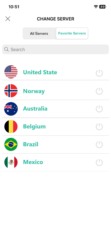 List of global server locations including the United States and Norway in the VPN app interface