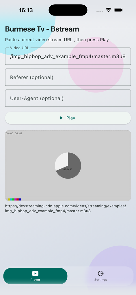 Burmese TV BStream app interface for pasting video stream URLs and playing content