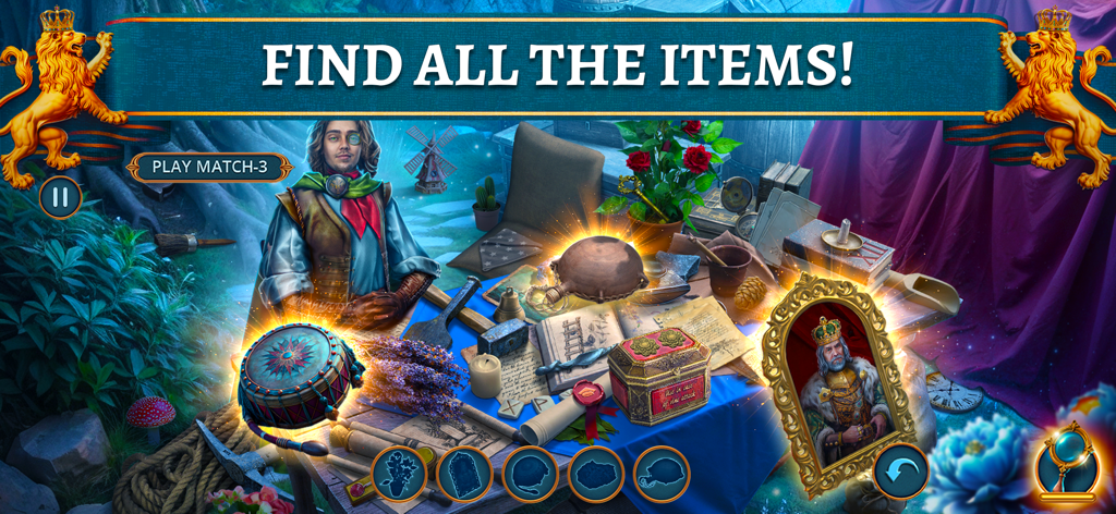 Hidden Objects: Witch F2P - Captura de pantalla del juego de una escena de búsqueda de objetos ocultos en un entorno de fantasía con un personaje y una mesa llena de objetos