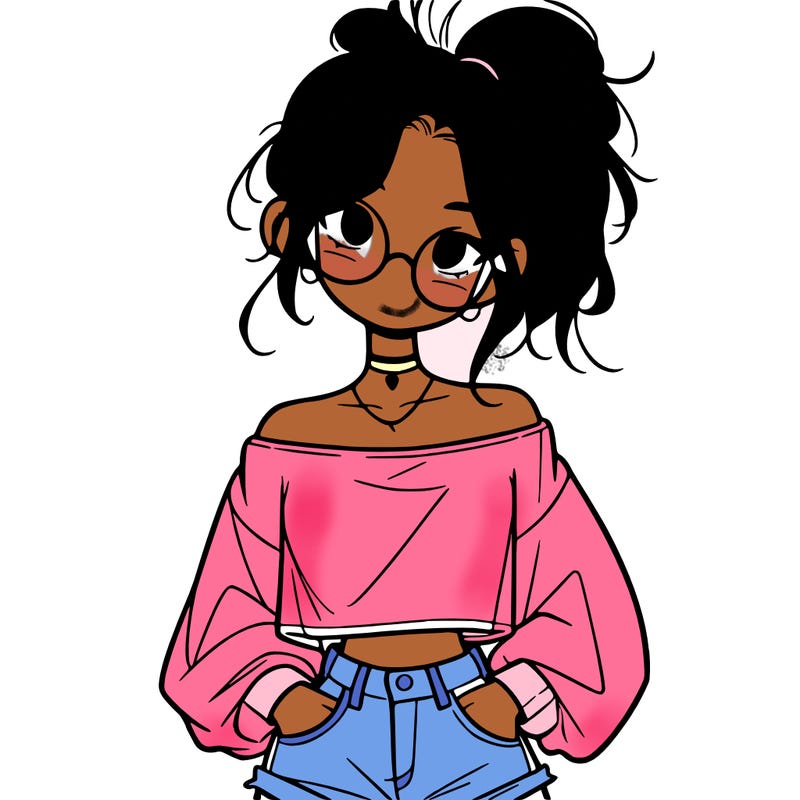 girl with a messy ponytail glasses a baggy crop top and jean shorts
