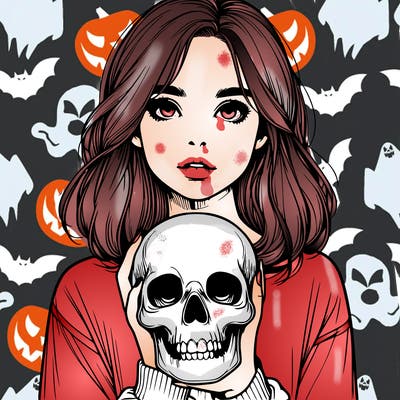 realistic girl holding a skull