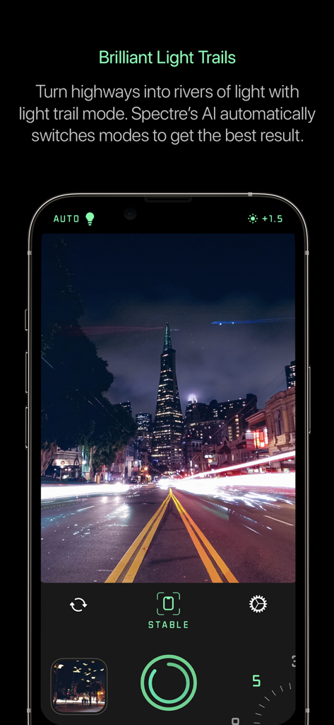 Spectre Camera - Spectre Camera app interface showing a long exposure photo of city light trails at night.