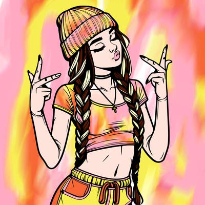 realistic teenage girl with braids and a beanie and crop top doing 🫶🏼