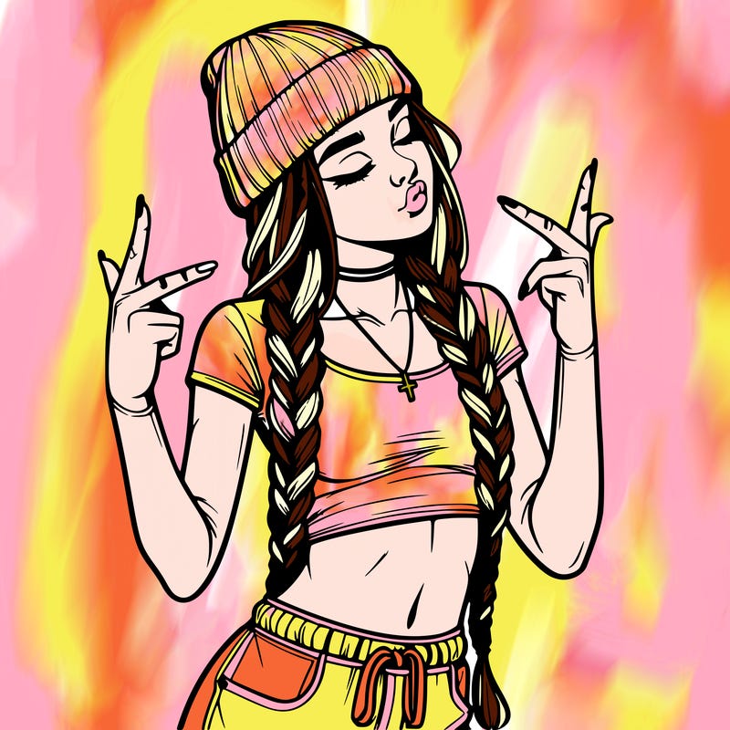 realistic teenage girl with braids and a beanie and crop top doing 🫶🏼