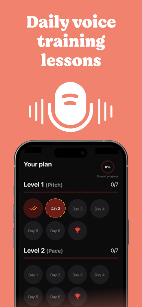 Voicepill: Voice Training - Voicepill app screen showing a structured daily voice training plan with progress tracking for pitch and pace levels
