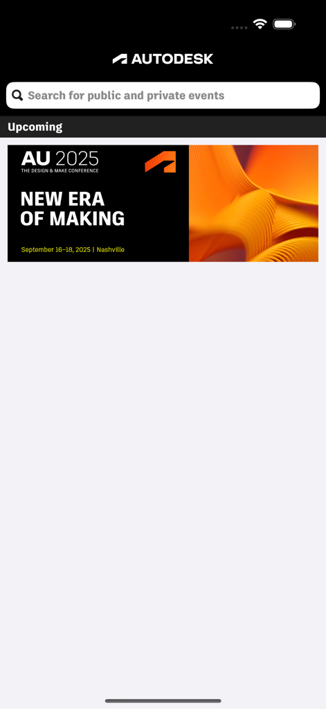 Autodesk | Events - Autodesk Events app interface showing the upcoming AU 2025 Nashville conference banner.