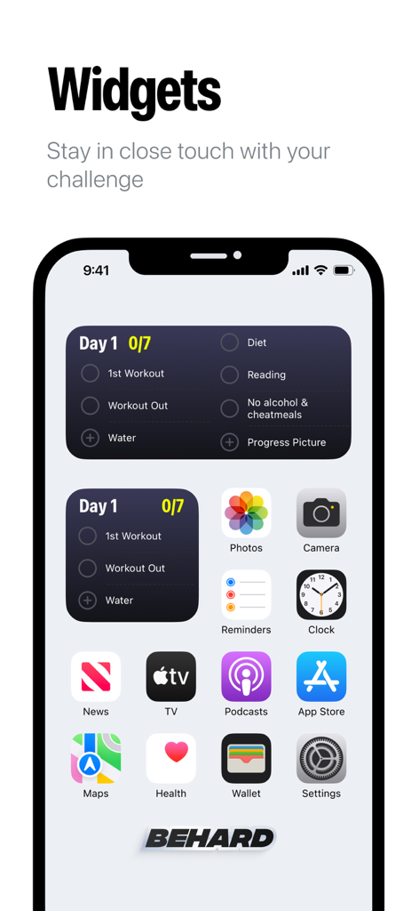 BeHard app widgets on an iPhone home screen showing a daily task checklist for the 75-day challenge.