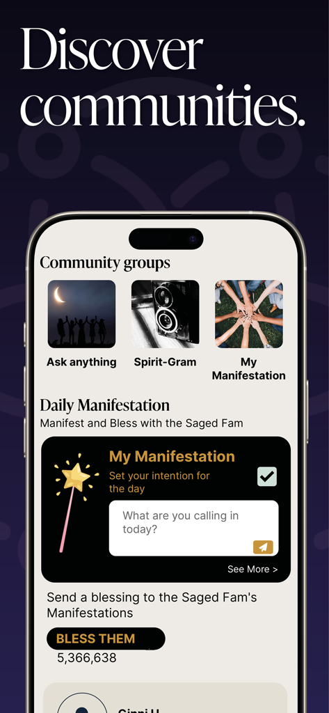 Saged app interface showing community groups and a daily manifestation intention tool