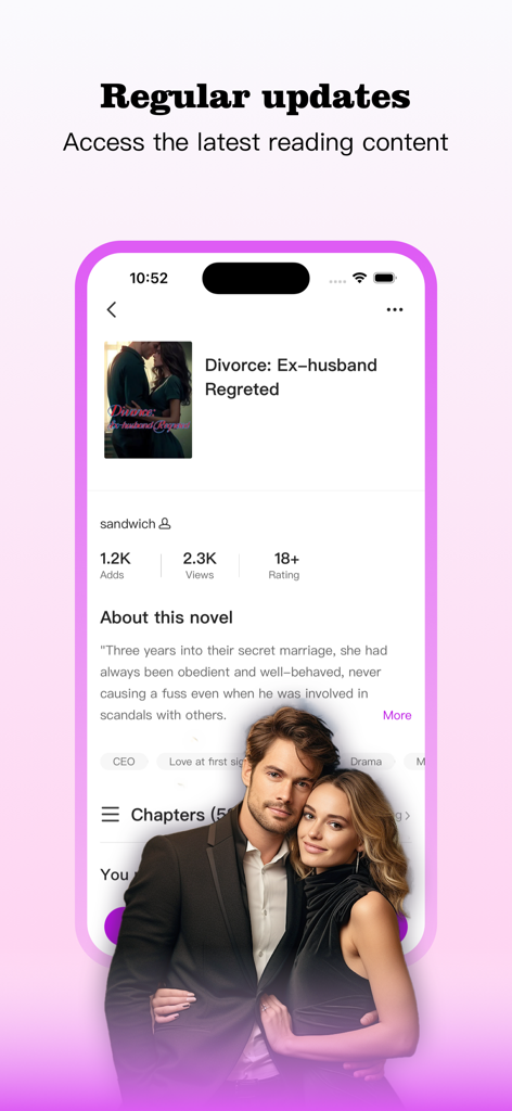 StoryHub:Novels&Stories&Books - Interfaz de la aplicación StoryHub que muestra una novela romántica con actualizaciones regulares