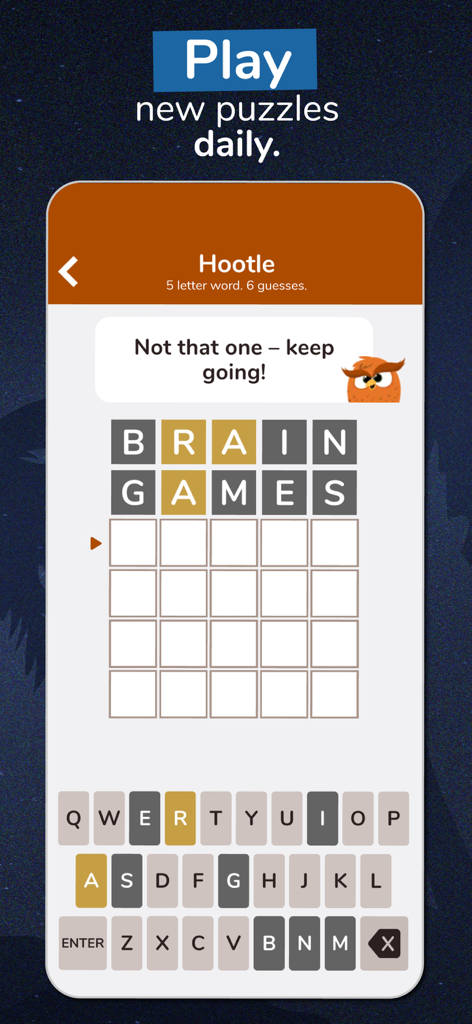 Hootle word guessing puzzle gameplay in the 7 Little Words and More app