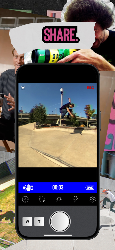 VX Skateboarding Camcorder - VX Skateboarding Camcorder app interface showing a skater performing a trick with a vintage video filter