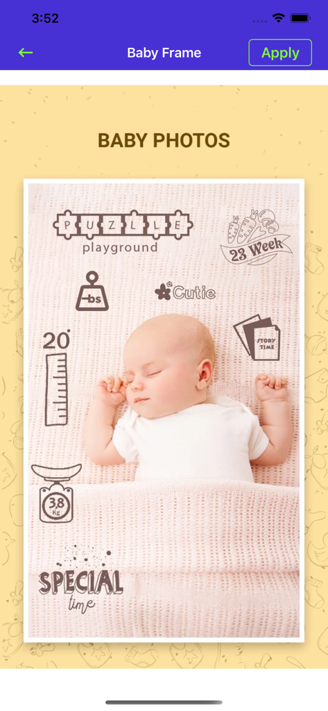 BabyPic Art & Monthly Pictures - Sleeping baby photo with cute milestone doodles and stickers in a mobile editing app