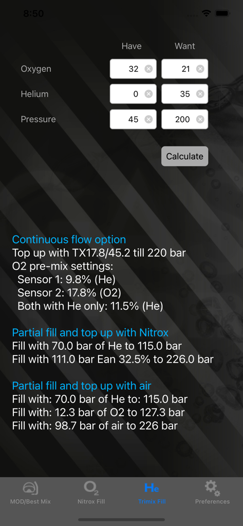 Gas*Blender - 테크니컬 다이빙을 위한 산소 및 헬륨 혼합 지침이 표시되는 GasBlender 앱의 트라이믹스 충전 계산 화면
