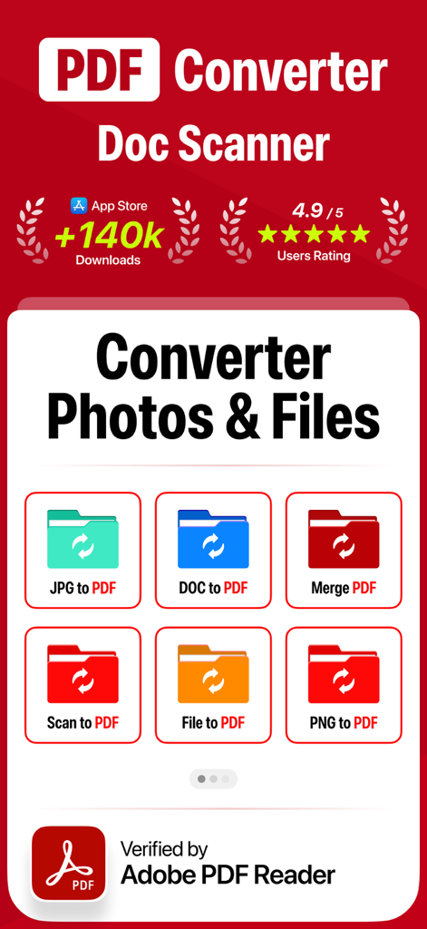 PDF Converter & Scan Editor - Interfaz de la aplicación móvil PDF Converter y Doc Scanner que muestra funciones de conversión de archivos