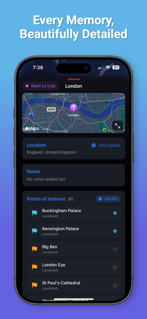 TrekPins - TrekPinsモバイルアプリのインターフェースには、ロンドンの関心のある地点とダークモードのマップの詳細が表示されます。