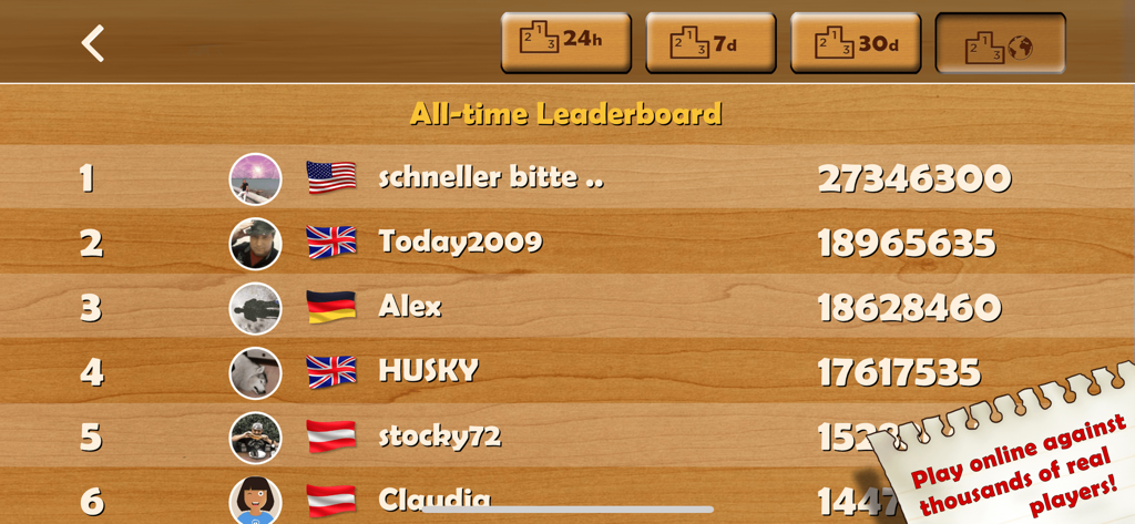 Thirty One | 31 | Scat | Blitz - Thirty One card game all-time leaderboard showing global player rankings and scores on a wood background