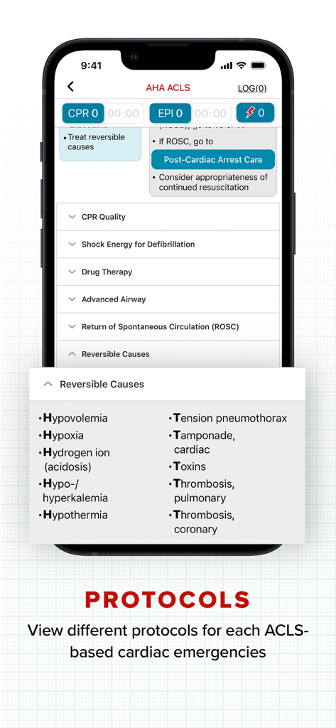 AHA ACLS - La interfaz de la aplicación AHA ACLS que muestra las causas reversibles para los protocolos de paro cardíaco.