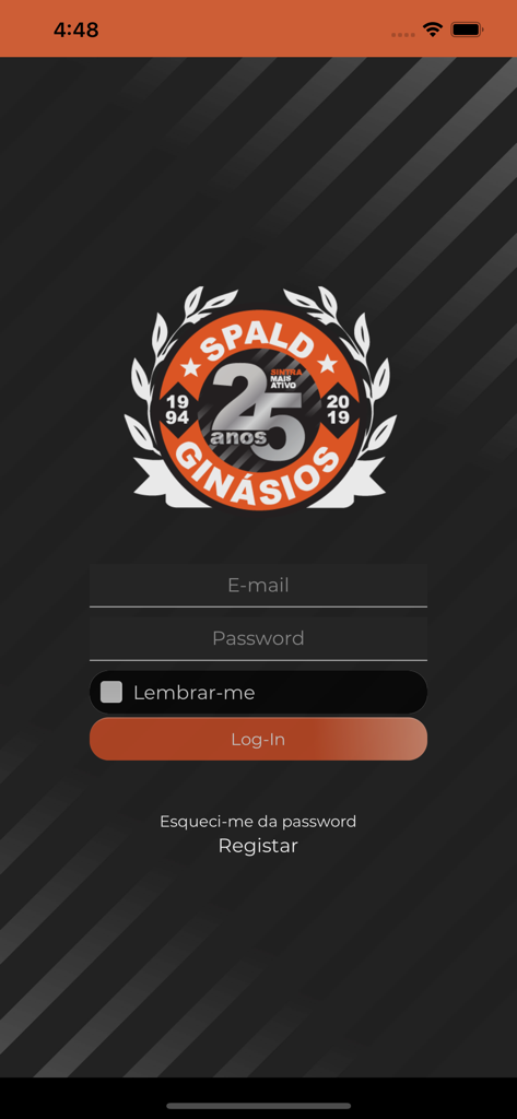 Spald - Tela de login do aplicativo de fitness Spald com logotipo da academia e portal de login do membro