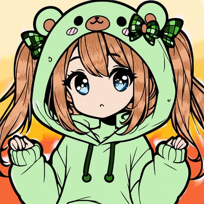 cute anime girl with ponytails and a cute bear hoodie