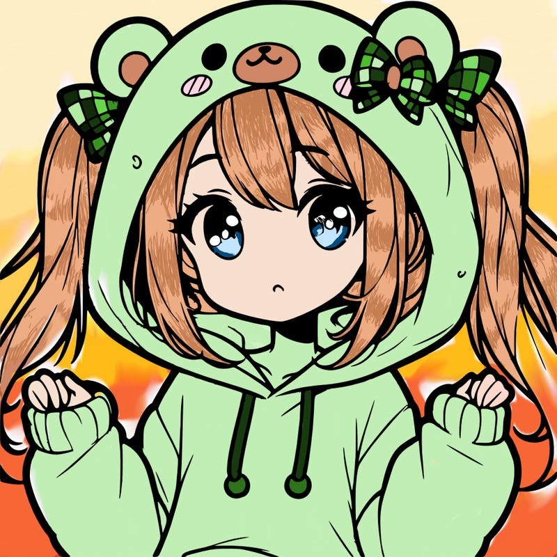 cute anime girl with ponytails and a cute bear hoodie