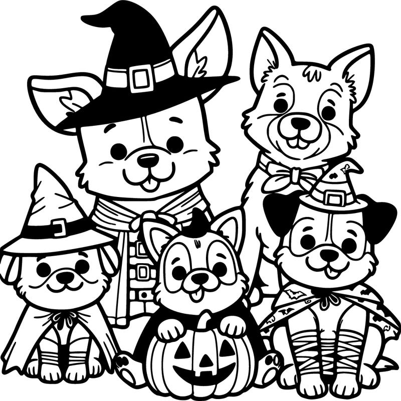 dog and puppies dressed up for halloween