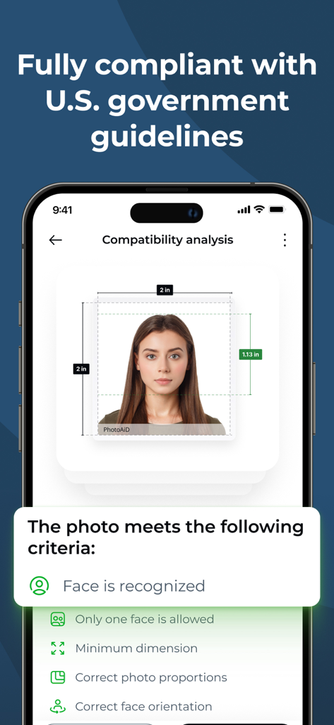 A smartphone screen showing the PhotoAiD app performing a compatibility analysis for a US passport photo ensuring it meets government guidelines.
