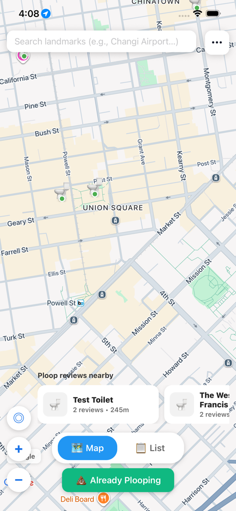 Ploop - A map interface in the Ploop app showing public restrooms and toilet locations near Union Square.